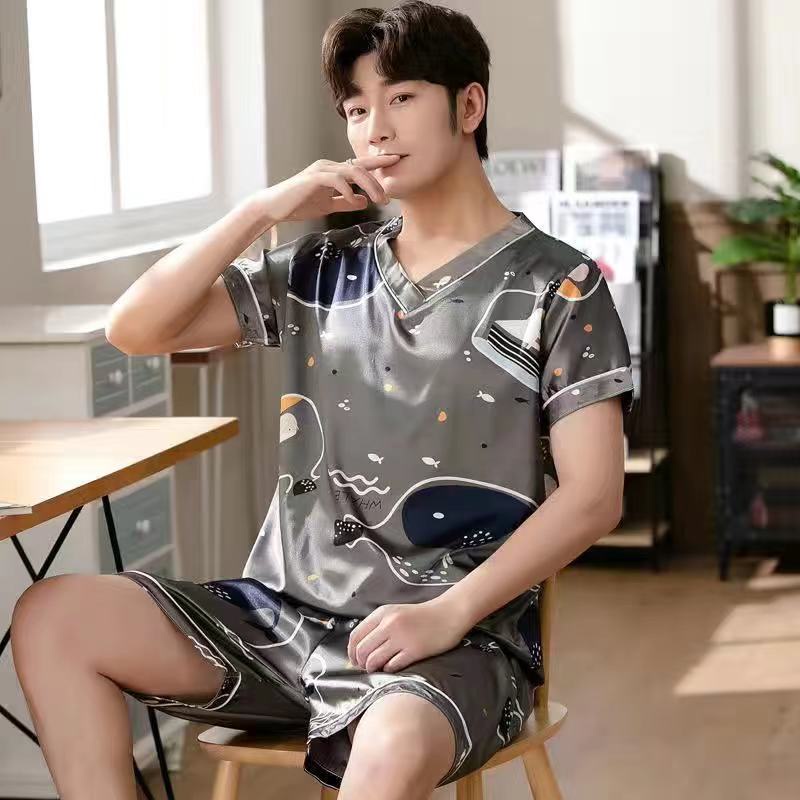 Bộ đồ ngủ vải lụa satin tay ngắn phong cách Hàn Quốc thời trang dành cho nam