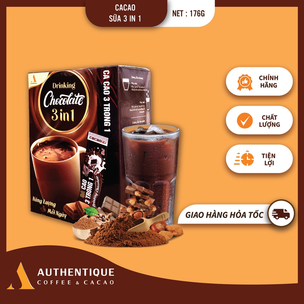 Bột Cacao sữa 3in1 Drinking Chocolate - Hộp 8 gói x 22g  - Đậm vị Socola | Authentique Cacao