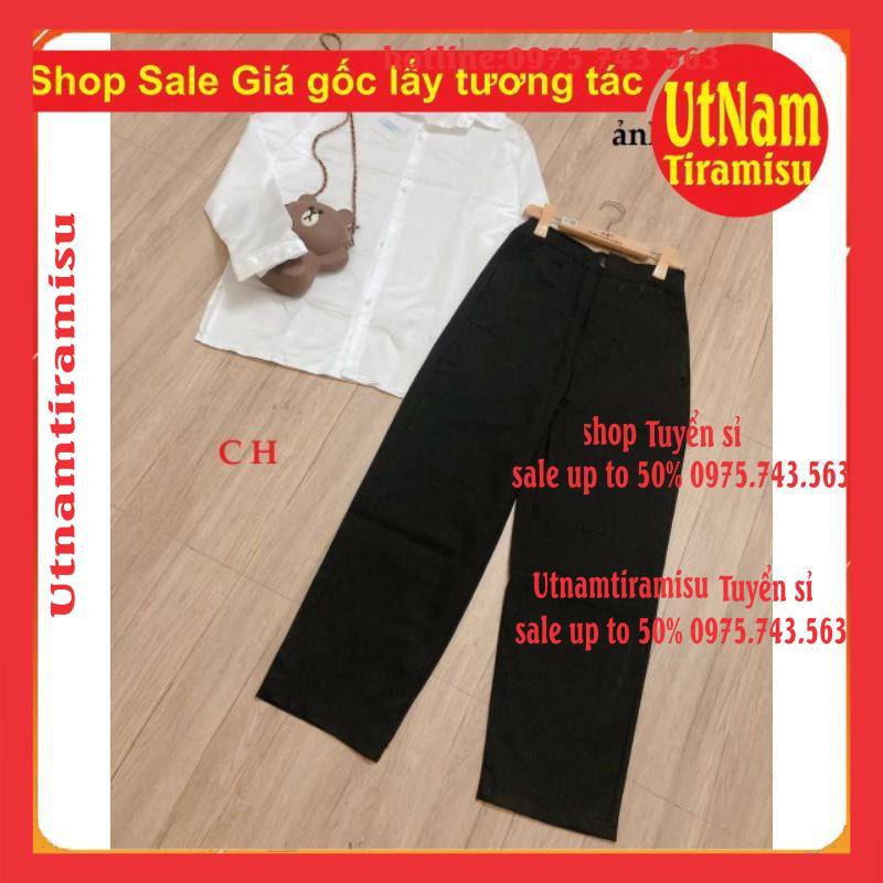Sét quần jeans ống rộng rách gối + áo sơmi trơn dài tay