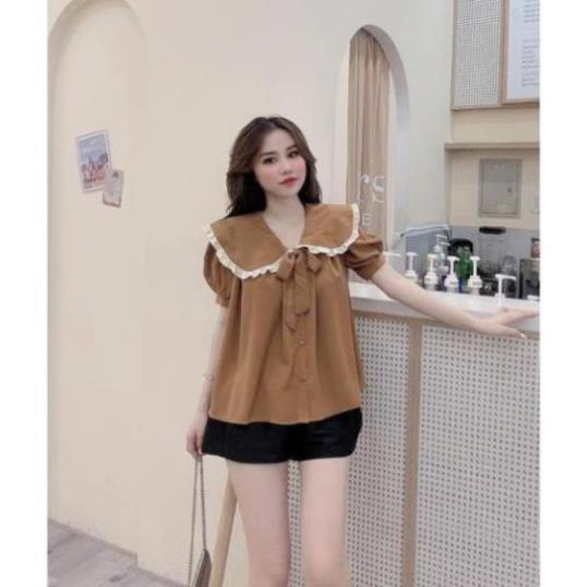 Áo sơ mi nâu bèo viền cổ trắng nữ tính duyên dáng