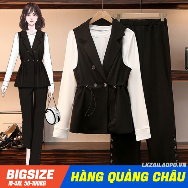BIGSIZE(45-100KG)Set Bộ đồ nữ sang chảnh cá tính - Áo gile Kết Hợp Áo sơ mi nữ tay dài quần dài ống rộng mùa thu xinh đẹp - quảng châu cao cấp