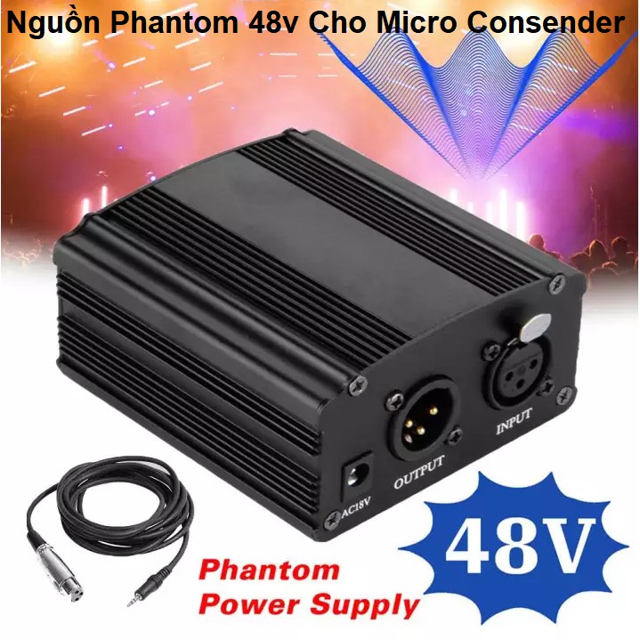 Nguồn phantom 48V cho micro + cáp canon 2 đầu (XLR-XLR) , Nguồn Micro Condenser - Tặng Kèm Dây Giắc Cấp Nguồn Mic