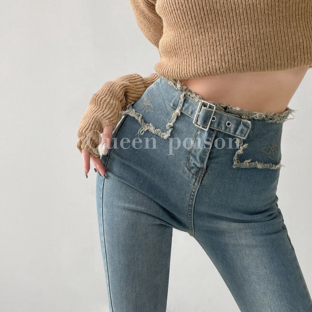 Jiashucheng Quần Jean Ống Loe Lưng Cao Dáng Ôm Co Giãn Thêu Hình Bướm Cổ Điển Đường Phố Cao Cấp Cho Nữ