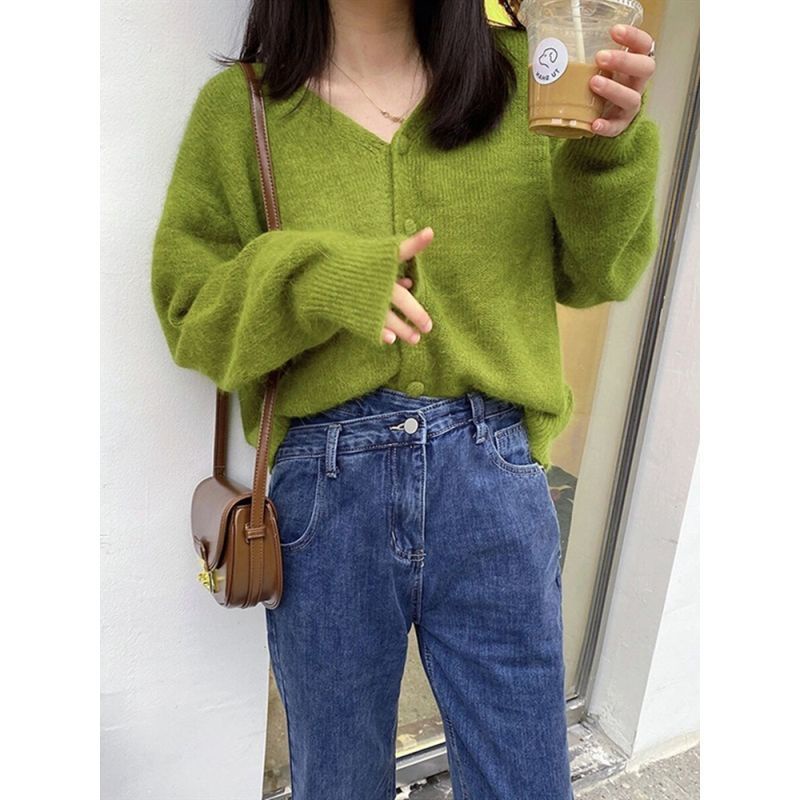 Áo Khoác Cardigan Dệt Kim Cổ Chữ V Màu Xanh Bơ Mềm Mại Phong Cách Nhật Bản