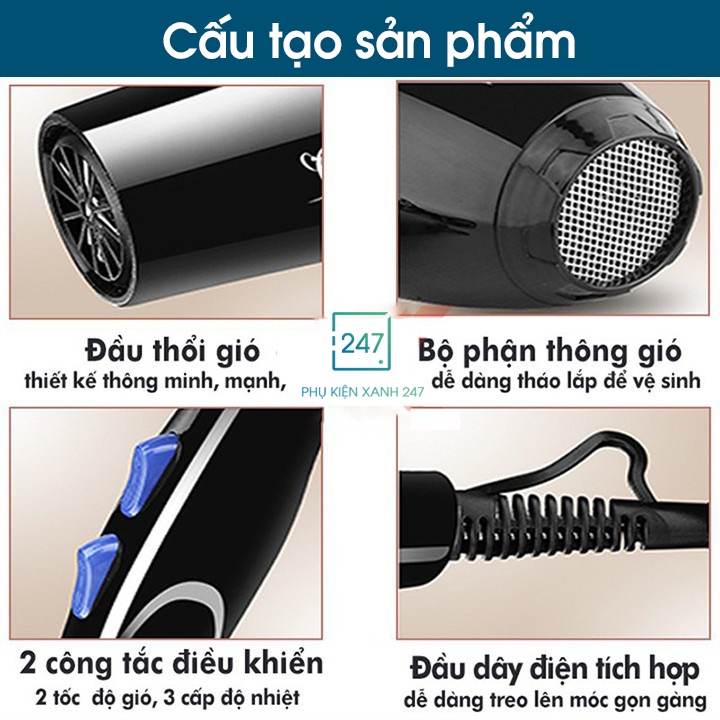 Máy sấy tóc công suất lớn tạo kiểu Deliya, 2 chiều nóng lạnh, tặng kèm phụ kiện