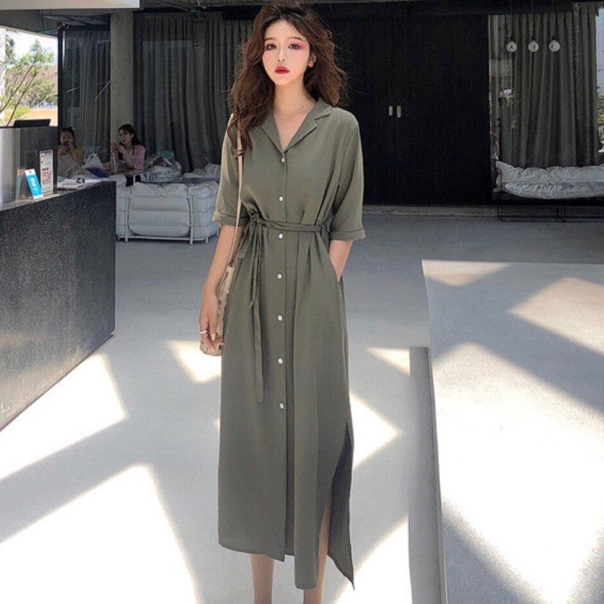 Đầm Sơ Mi Rêu Dáng Dài Cổ Vest Xẻ Tà Có Túi - DS007 | BigBuy360 - bigbuy360.vn