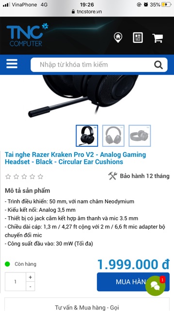 Tai Nghe razer kraken Pro V2 3.5 2nd dùng cả cho điện thoại, PC | WebRaoVat - webraovat.net.vn