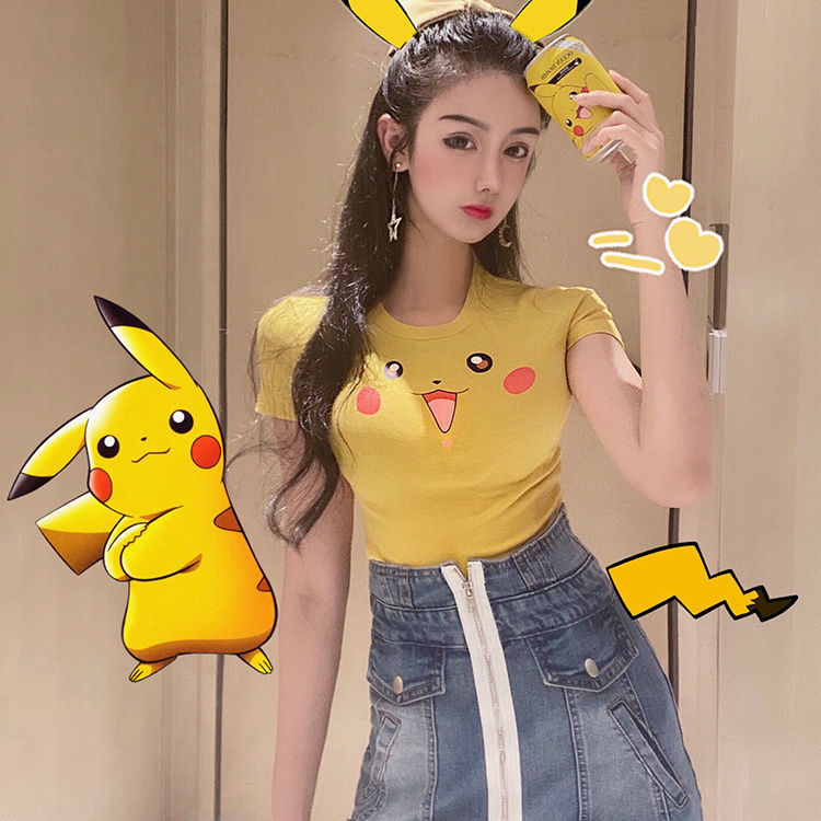 Áo Thun Nữ Ngắn Tay In Hình Pikachu Dễ Thương