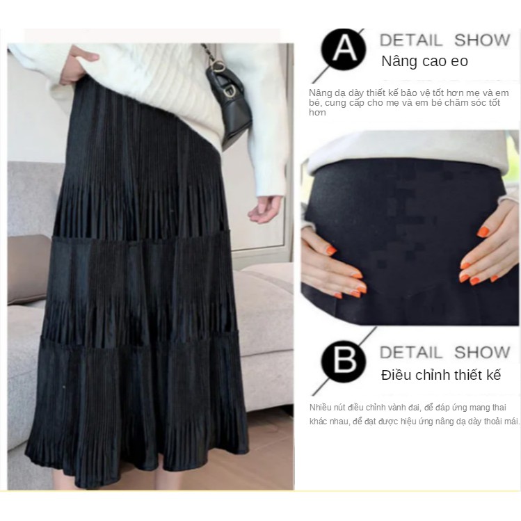 Chân váy dài xếp ly lưng cao phong cách Hàn Quốc thời trang cho bà bầu | BigBuy360 - bigbuy360.vn