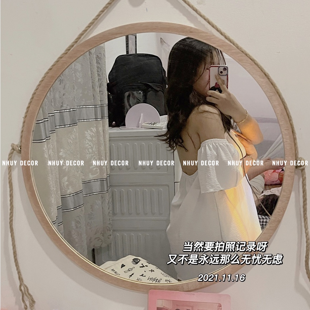 Gương Treo Tường Khung Viền Gỗ Trang Trí Nhà Tắm , Phòng Ngủ ,  Spa , Nail Đường Kính 55 - 60 cm