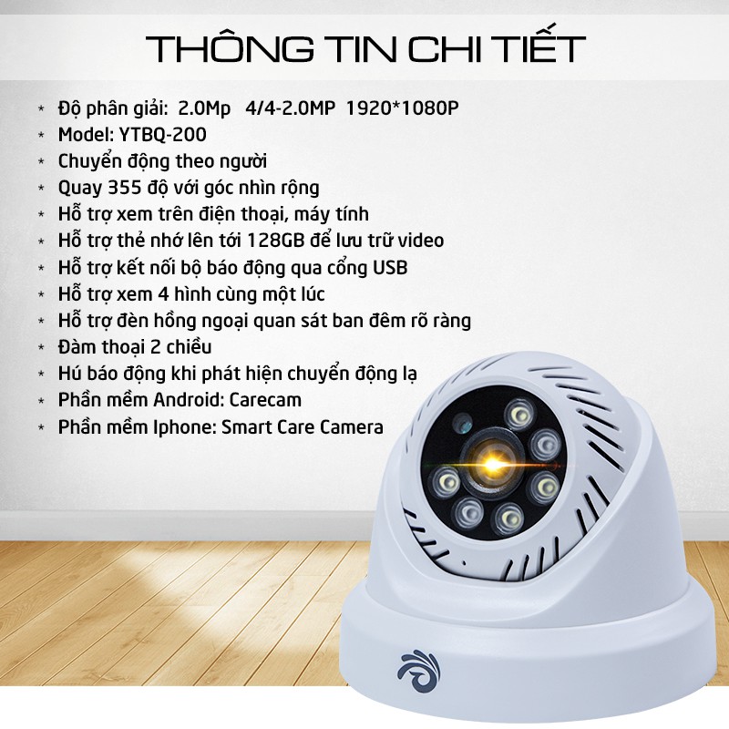 Camera IP Wifi - Carecam Ốp Tường TrầnTrong Nhà YTBQ-200- 2.0Mpx -1080p, Hình Ảnh Xem Siêu Nét, - Báo Động Cực Nhảy