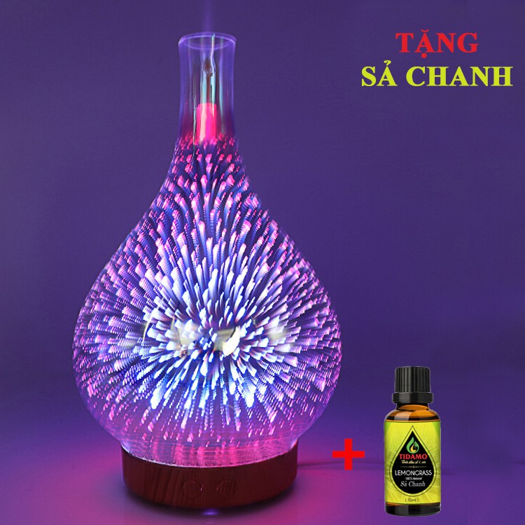 Máy Khuếch Tán Tinh Dầu Hiệu Ứng Ánh Sáng 3D Cực đẹp, Kèm Tinh Dầu Sả Chanh TIDAMO, Máy Xông Tinh Dầu Thủy Tinh Cao Cấp