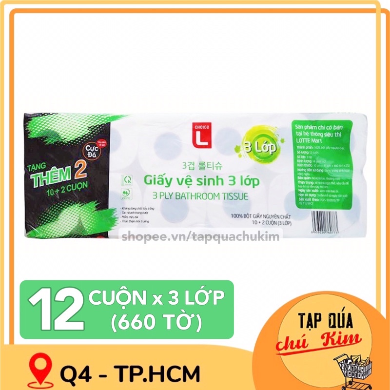 Giấy vệ sinh cực đã CHOICE L 12 cuộn x 3 lớp (10 cuộn tặng thêm 2 cuộn) - tapquachukim