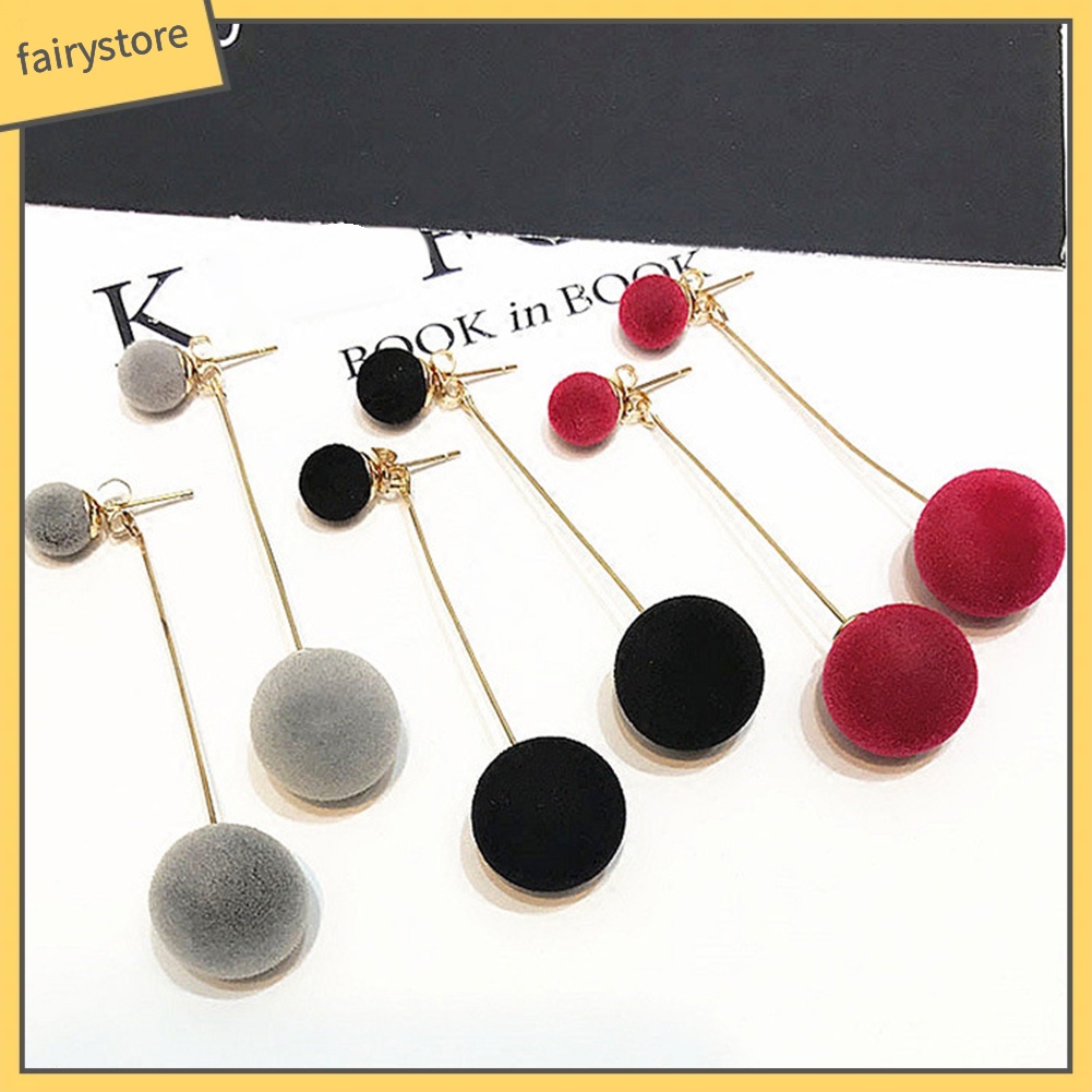 Khuyên Tai Dáng Dài Đính Quả Bông bằng Lông thú giả xinh xắn