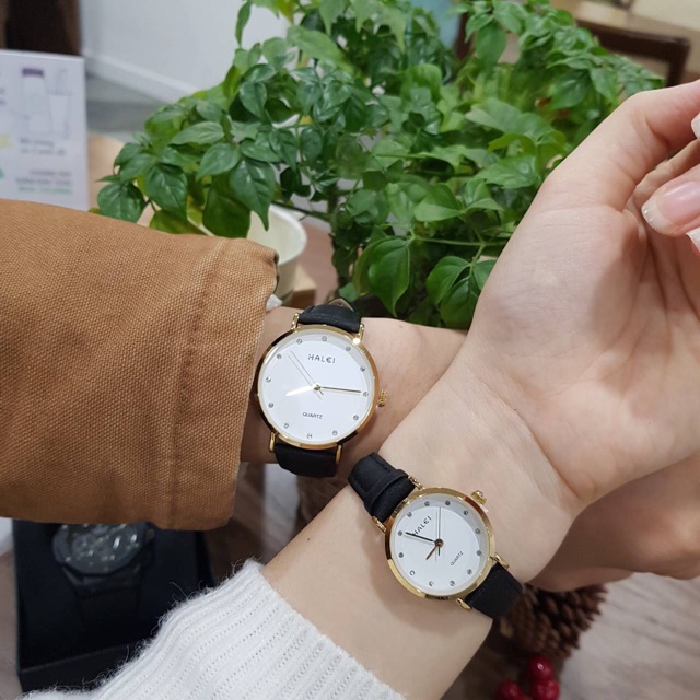 Đồng hồ cặp đôi nam nữ Halei dây da đen mặt ngọc chính hãng Tony Watch 68 | BigBuy360 - bigbuy360.vn