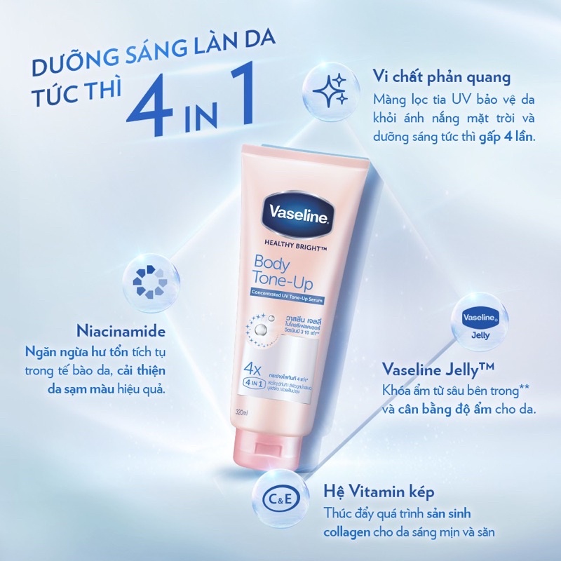 COMBO Sữa Dưỡng Thể Vaseline Trắng Da Chống Nắng 50X SPF 50+ &amp; Nâng Tone 4X Body Tone Up 320ML