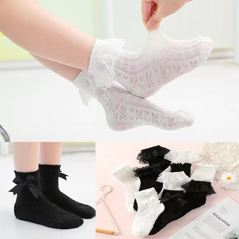Vớ Ren Cotton Mỏng Màu Đen/Trắng Thời Trang Xuân Hè Cho Bé Gái