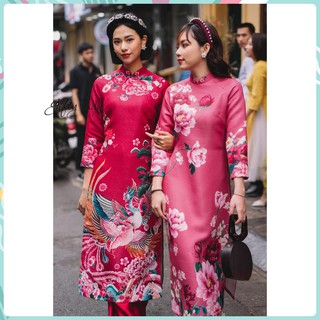 Áo Dài Truyền Thống, Áo Dài Có Cổ Tay Lửng Chất Liệu Gấm Dày Cao Cấp Họa Tiết Hà Cúc Sang Trong Quý Phái | Giftylady
