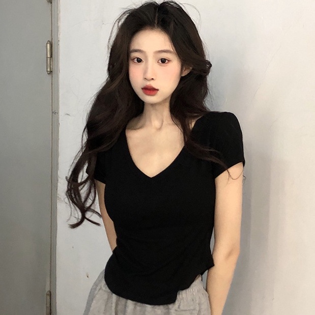 WANG JIAO ZHAN Áo croptop thun tay ngắn cổ chữ V màu trơn thời trang cho nữ