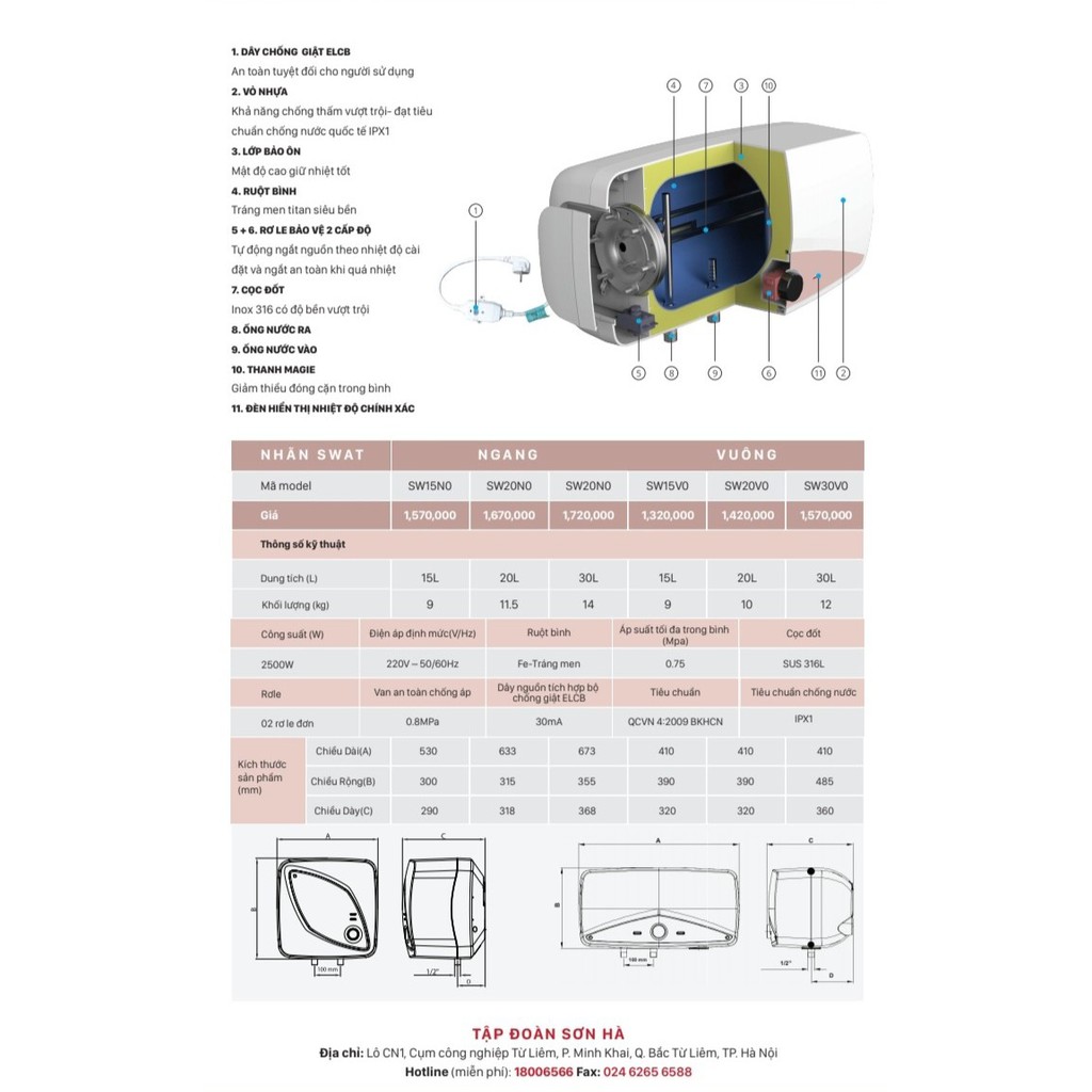 BÌNH NƯỚC NÓNG SƠN HÀ  SW 15 VUÔNG