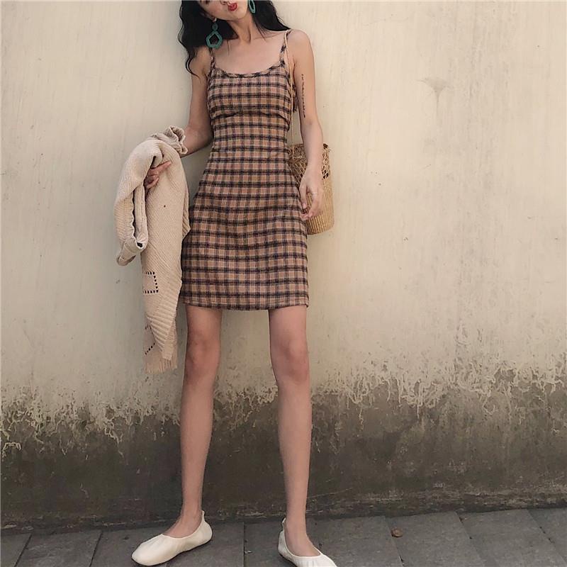 Đầm Hai Dây Cổ Tròn Eo Cao Dáng Ôm Họa Tiết Kẻ Sọc Caro Cổ Điển Thời Trang Cho Nữ váy đầm nữ JL-LYQ-07