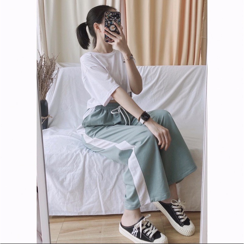 Quần thun ống rộng nữ 1 sọc lưng cao tôn dáng