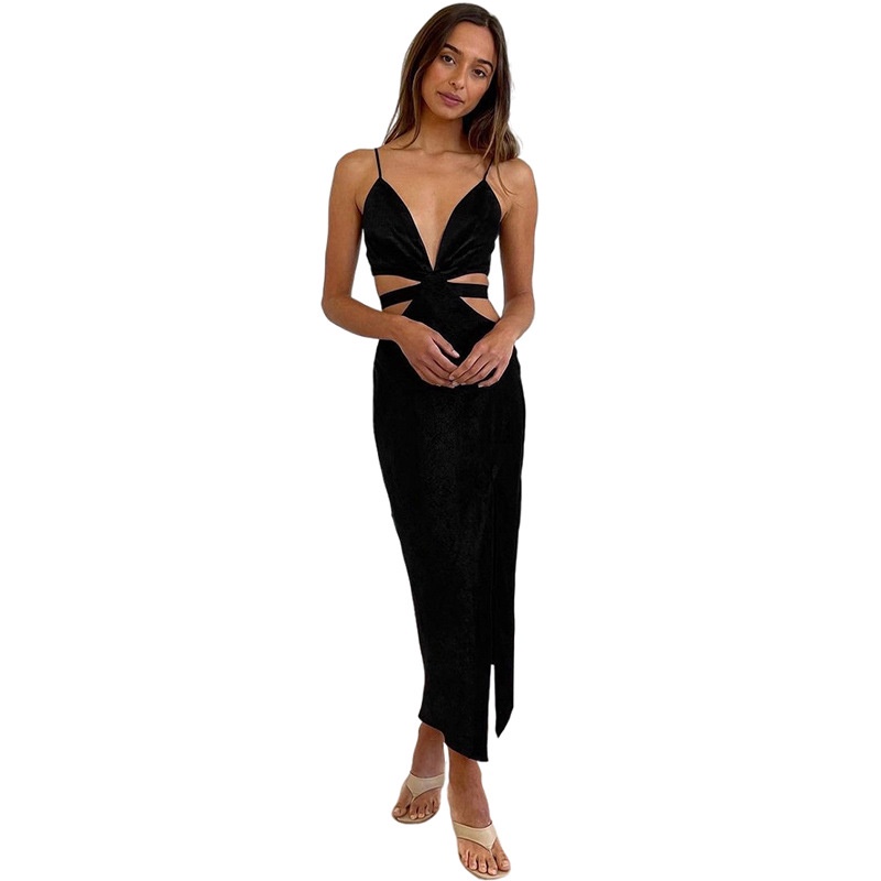 DUNEA Đầm hai dây cổ chữ V hở lưng màu trơn thời trang quyến rũ cho nữ