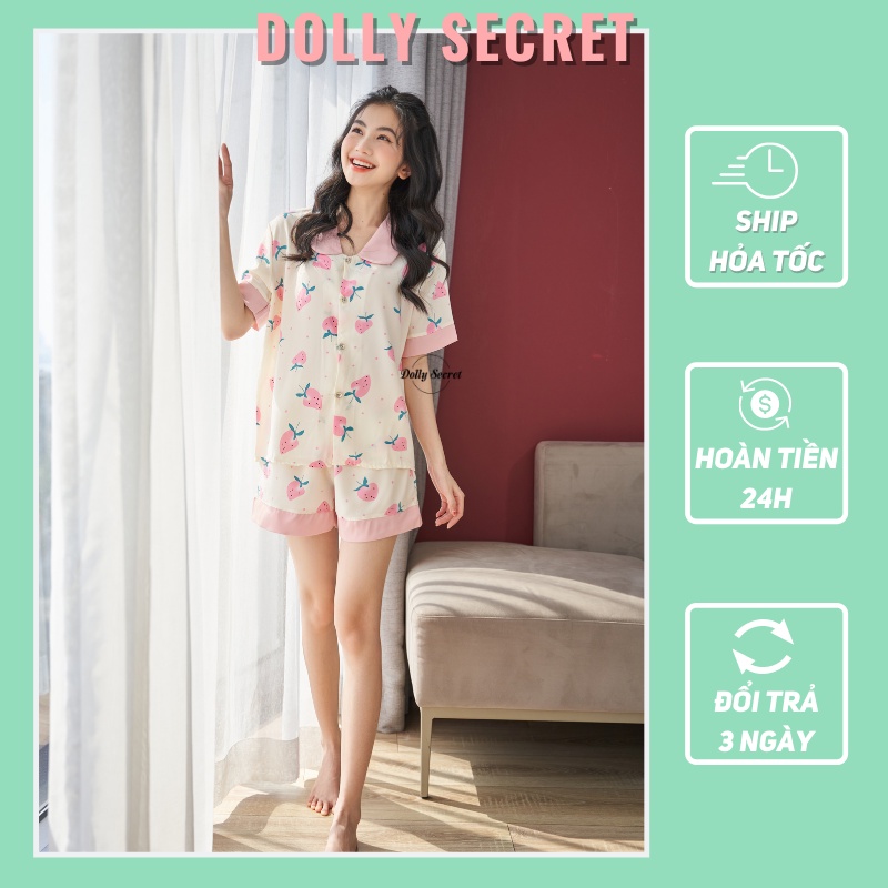 Bộ mặc nhà lụa mango cộc tay Pijama màu hồng đáng yêu họa tiết trái dâu dễ thương DOLLY SECRET CC06