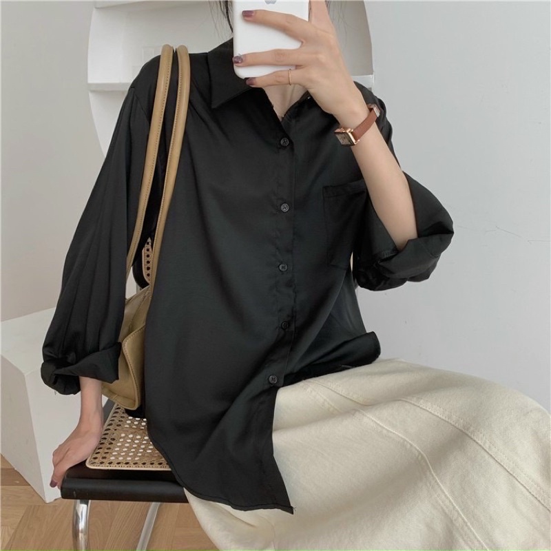🌱Sơ mi tay dài một túi cúc gài form rộng trơn màu trắng/đen đơn giản🌱Chizi Shop