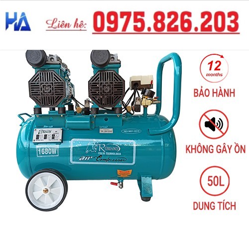 [FREESHIP] - Máy nén khí không dầu Romano RM750/50, Bình 50L, Hai đầu nén độc lập, Công suất 1680W