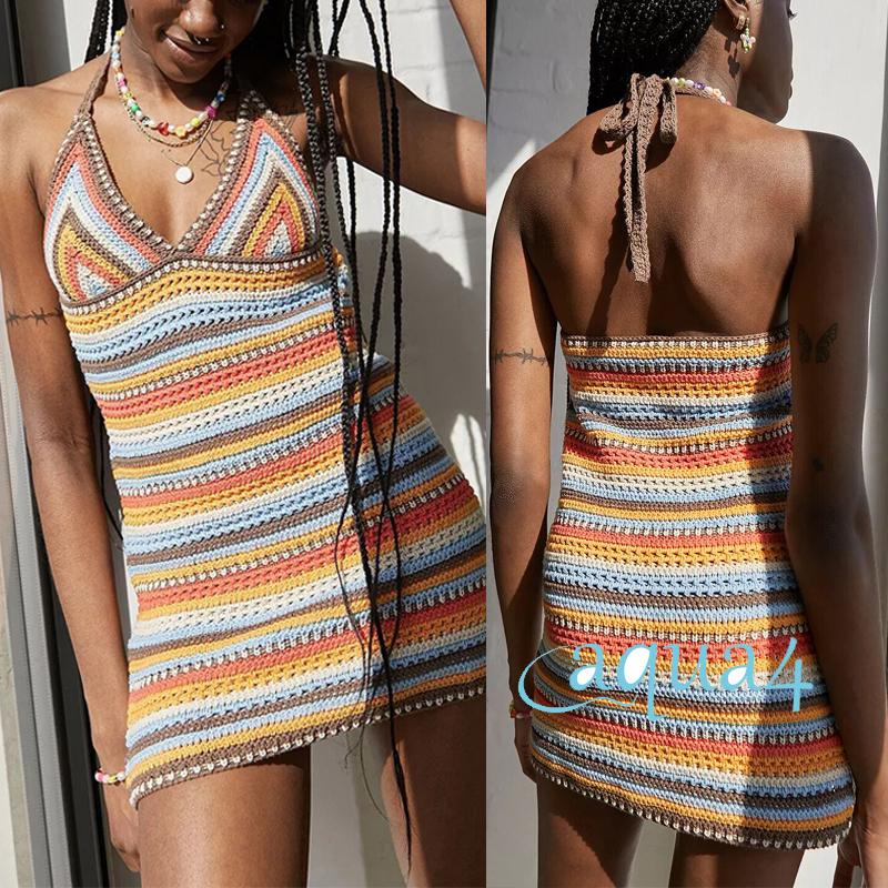 ANANA-Women´s Vintage Halter Bodycon Mini Dress, Sleeveless Backless Color Block Crochet Short Dress