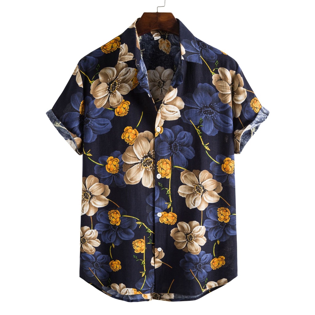 Áo Sơ Mi nam hoạ tiết Cotton Tay Ngắn Dáng Rộng In Hoa Phong Cách Retro Thời Trang Cho Nam Giới