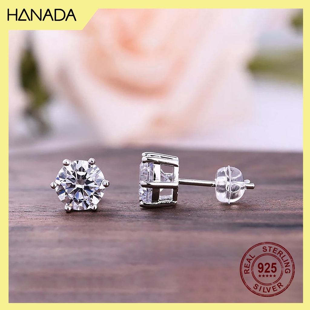 Bông Tai Bạc Hanada  Đá CZ 6A Chuẩn 120 6 Chấu  Lát Cắt Siêu Lấp Lánh Không mờ Khuyên Nụ Trắng Đơn Giản