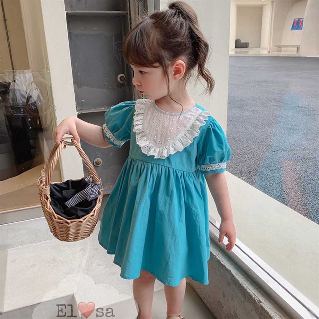 Váy bé gái basic cổ trắng thêu hoa hình tim nổi 2 màu xanh hồng cho bé gái từ 8 đến 20 kg