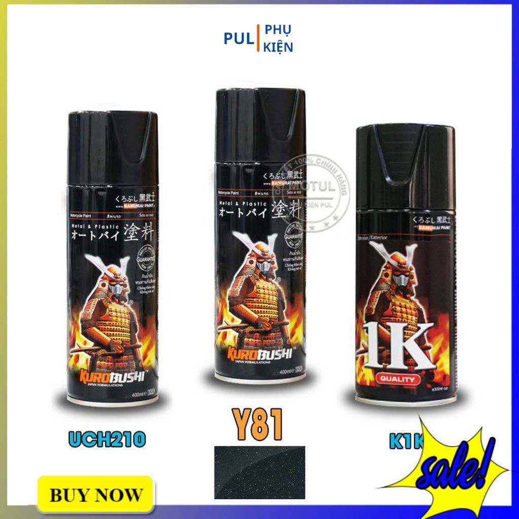 Combo 3 chai sơn samurai màu đen ánh kim gồm Y81 - UCH210 - K1K - giấy nhám P800