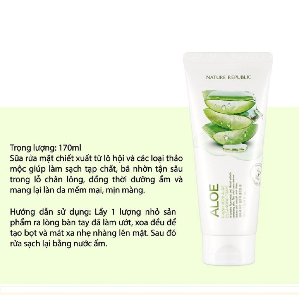 Sữa Rửa Mặt Lô Hội Nature Republic Fresh Herb Aloe Cleansing Foam 170ml