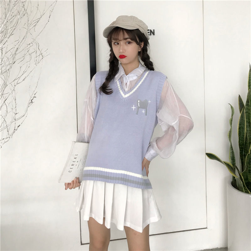 Áo Sweater Dệt Kim Không Tay Cổ Chữ V Thêu Hoạ Tiết Hoạt Hình Cho Sinh Viên