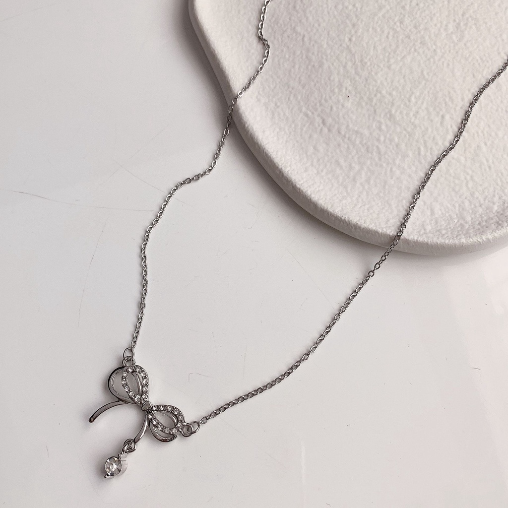 Vòng cổ Mạ Bạc Mặt Nơ Đính Đá Pha Lê Phong Cách Hàn Quốc