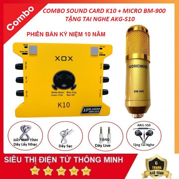 Combo Sound Card K10, Bản Kỷ Niệm 10 Năm 2020 Micro Thu Âm Livestream Bm 900 - Tặng Tai Nghe AKG-S10