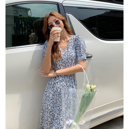 Đầm Đuôi Cá Cổ Chữ V Tay Phồng Họa Tiết Hoa Màu Xanh Dương Thời Trang Mùa Hè Hàn Quốc 2022 Cho Nữ