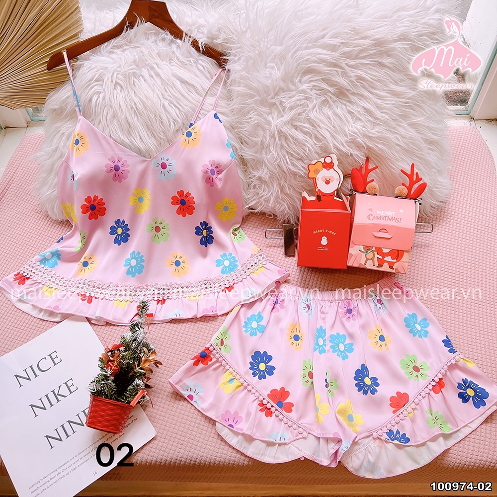 Bộ Đồ Ngủ Pyjama MAI SLEEPWEAR Lụa Mặc Nhà Áo Dây Quần Ngắn Phối Ren Trẻ Trung Cao Cấp MS974