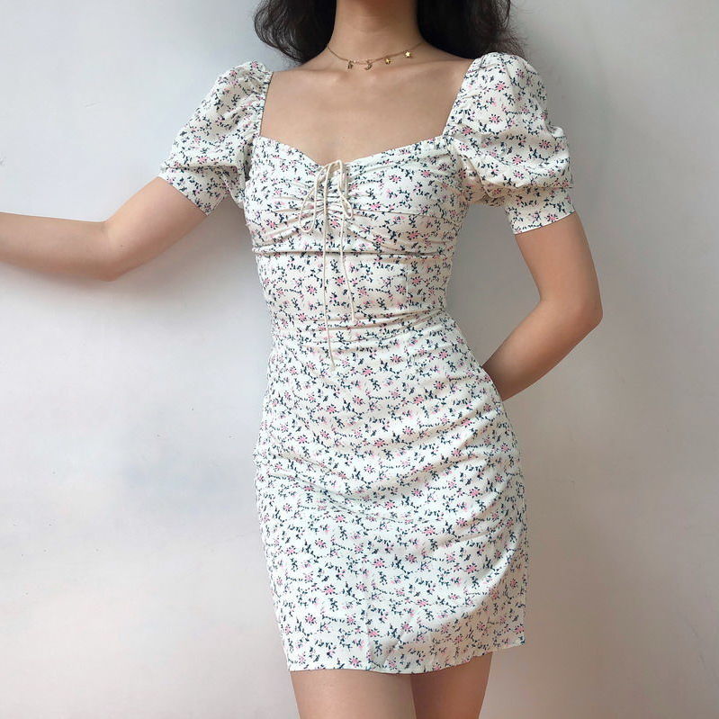 New Snapping up&Spring and Summer Chiffon Floral Dress New French Style Retro Square Collar Lace-up Puff Sleeve Slimming Cinched Short Dress | BigBuy360 - bigbuy360.vn