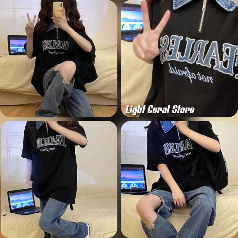 Áo polo ulzzang nam nữ unisex thêu chữ Fearless phối cổ denim phong cách đường phố cá tính