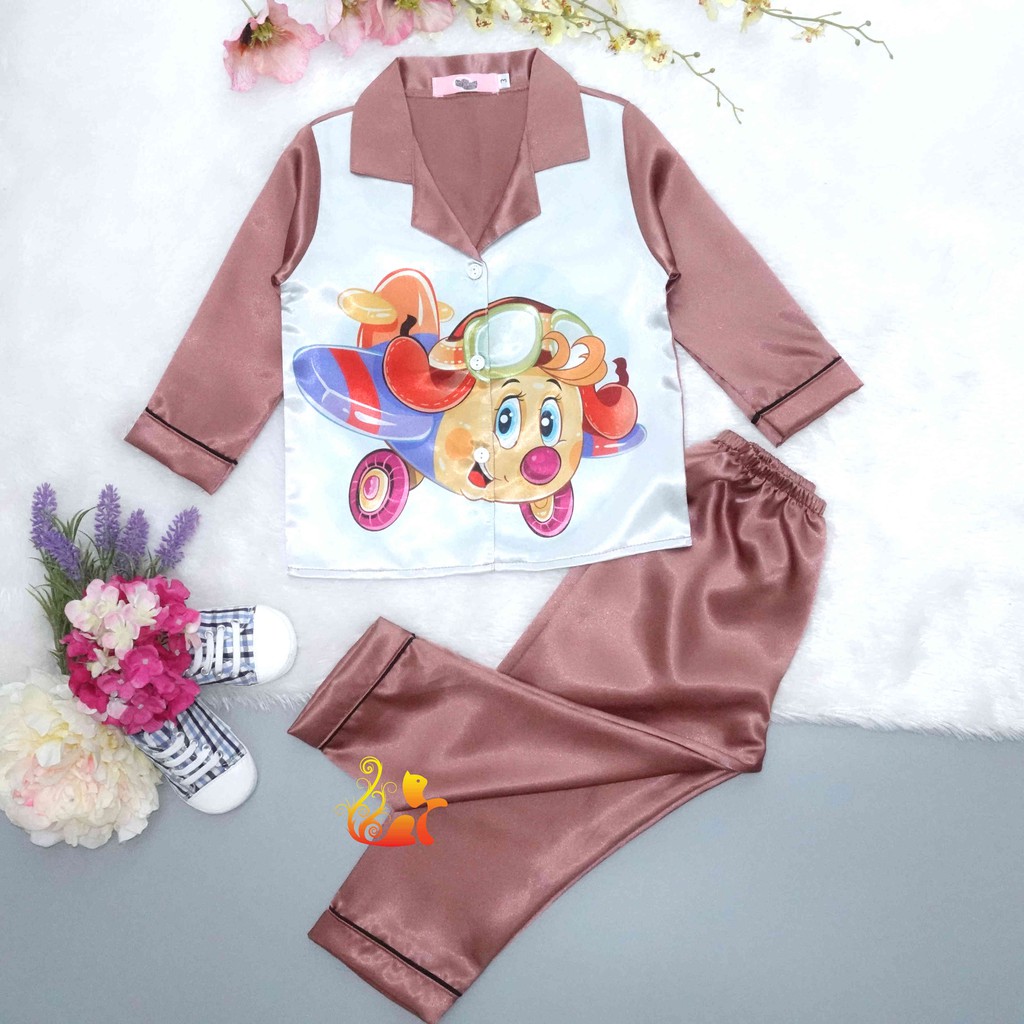 Đồ Pijama Phi Lụa "Hình Máy Bay" Tay Dài Cho Bé - Từ 12kg - 42kg.