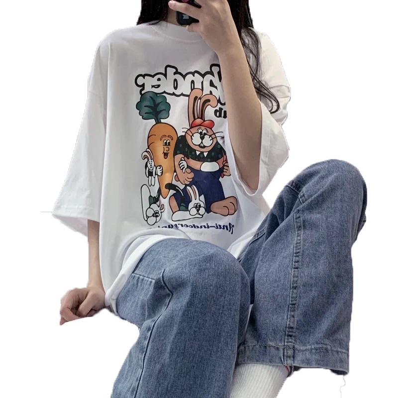 [Rẻ vô địch] Áo thun cotton tay lỡ dáng rộng unisex thỏ và carot freesize từ 38-65kg