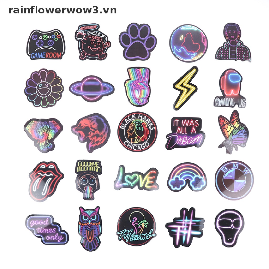 Bộ 50 miếng dán trang trí hành lý/xe hơi/xe máy họa tiết hoạt hình graffiti màu neon DIY