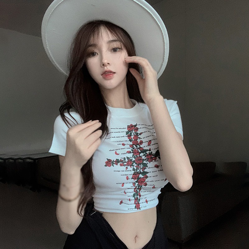 Áo Thun Croptop Cổ Tròn Tay Ngắn Dáng Ôm In Hoa Hồng Kiểu Retro Hàn Quốc Thời Trang Cho Nữ