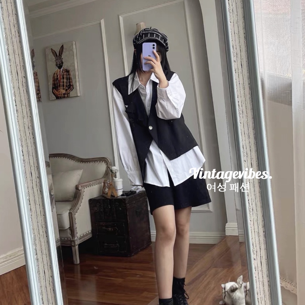 Áo sơ mi dáng rộng kèm gile cài vạt chéo Ulzzang (hàng QC) - Ảnh thật cận chất 1000%