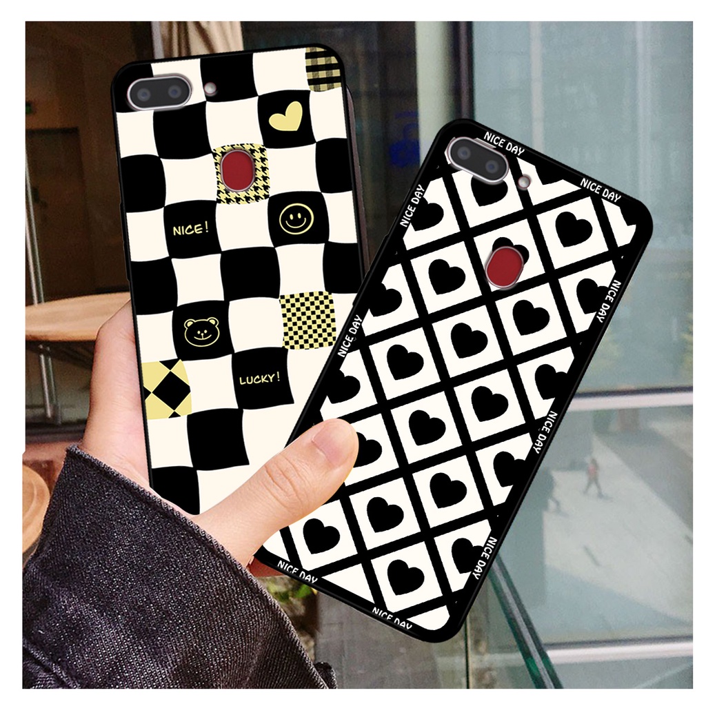 Ốp lưng Realme 2 in hoạ tiết caro trái tim đen trắng, gấu bear cute đáng yêu
