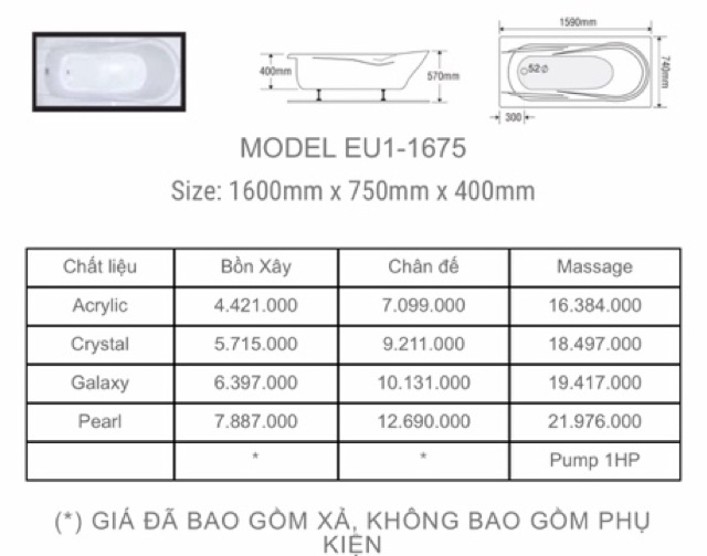 BỒN TẮM DÀI 2 YẾM EUROCA  - MODEL EU1 - 1675 - BẢO HÀNH 3 NĂM